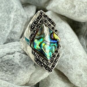 Vintage 925 NF Sterling Silver Abalone Marcasite Art Deco Ring Size 8